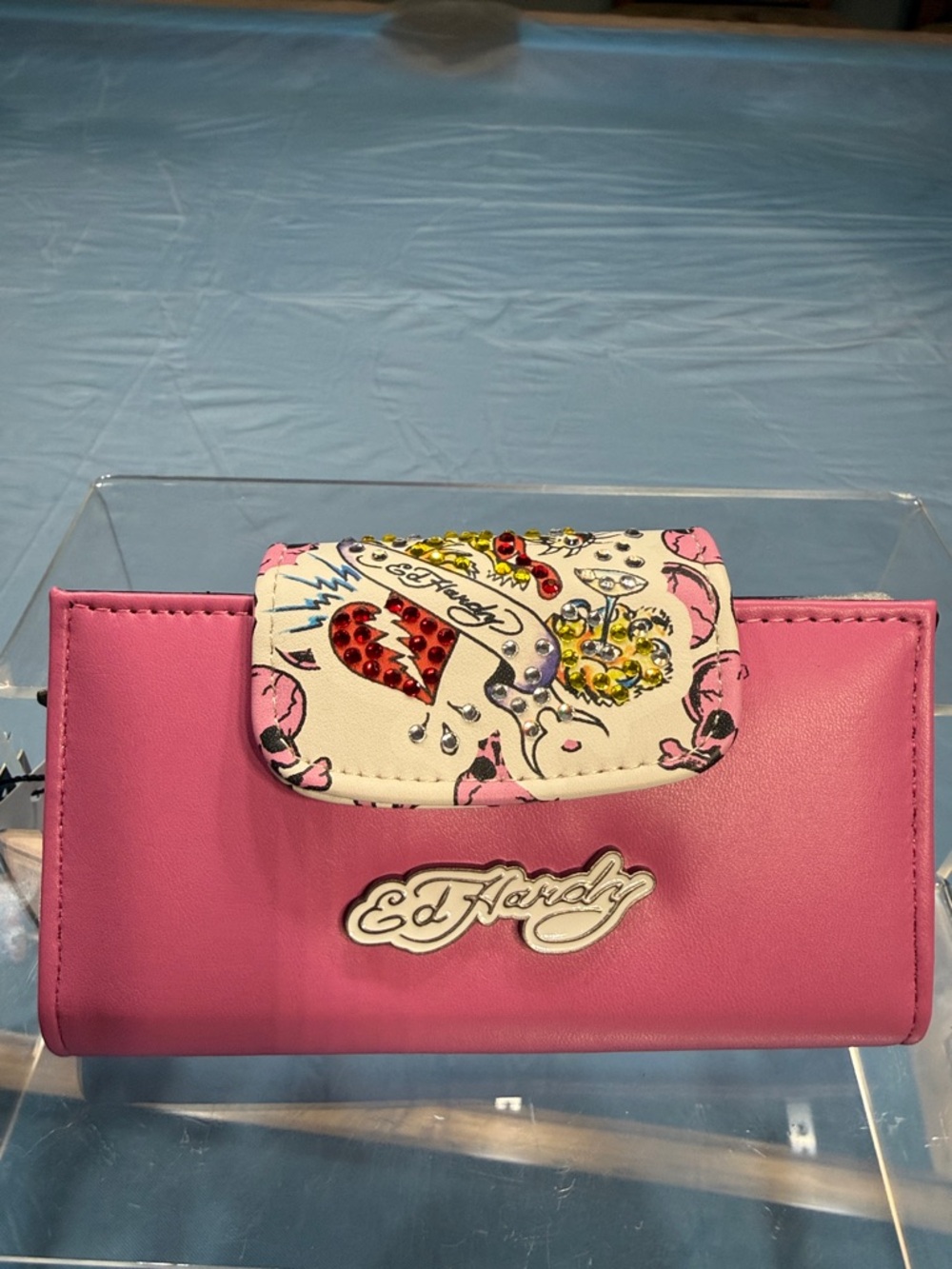 Ed Hardy Pink and White Jeweled Flap Women's Wallet